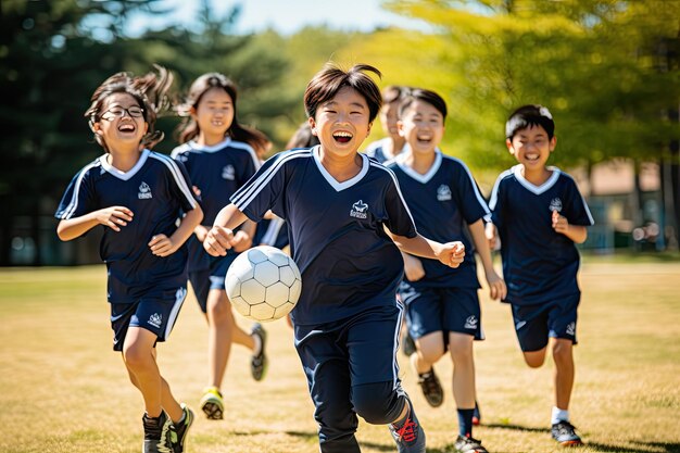 写真 中学校の韓国人生徒グループが晴れた日に外でサッカーを楽しみにしています