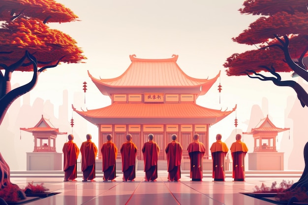 사진 전통적인 아시아 파고다 앞의 승려 그룹 종교 또는 여행 개념에 적합합니다.