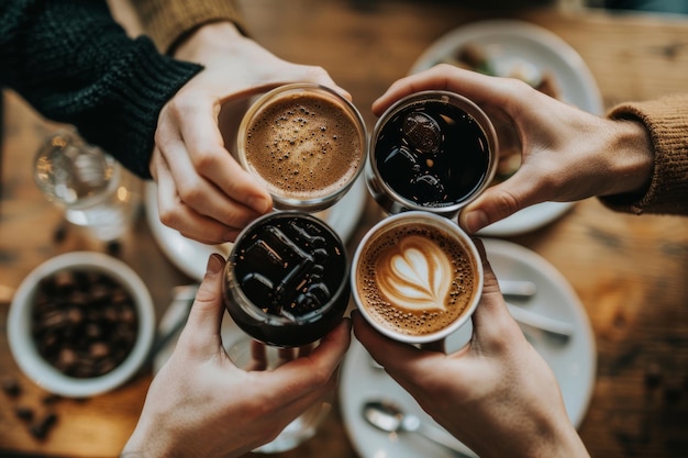 Фото Группа людей улыбается и пьет кофе верхний вид генеративный ии