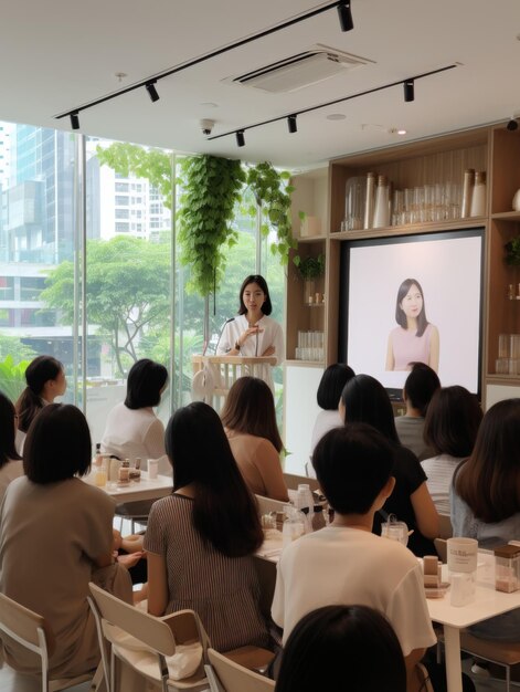 사진 스크린 앞 의 테이블 에 앉은 사람 들 의 그룹