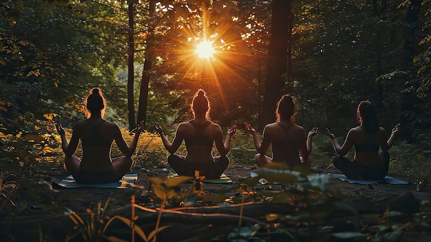 Фото Группа людей, занимающихся йогой на природе, время йоги на природе, люди, расслабляющиеся на природе.