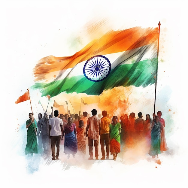 写真 インドの国旗と記念碑を掲げたすべての宗教の人々のグループ 独立共和国の日