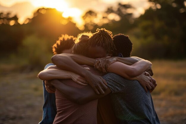 Фото group of people hugging outdoors sunset ai generate