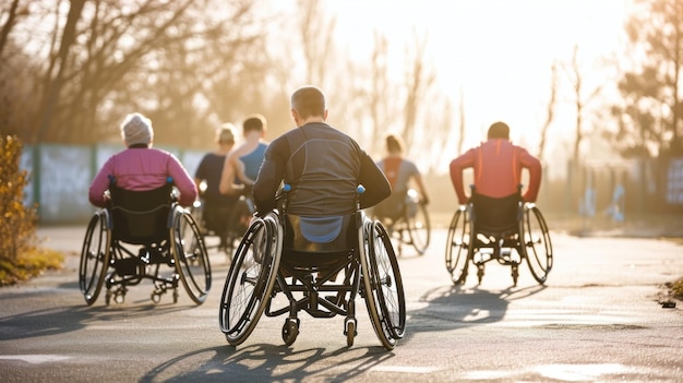 Фото Группа людей в инвалидных колясках, участвующих в спортивном мероприятии динамический спортивный стиль ясный утренний свет акцент на решимости и силе действия и движения