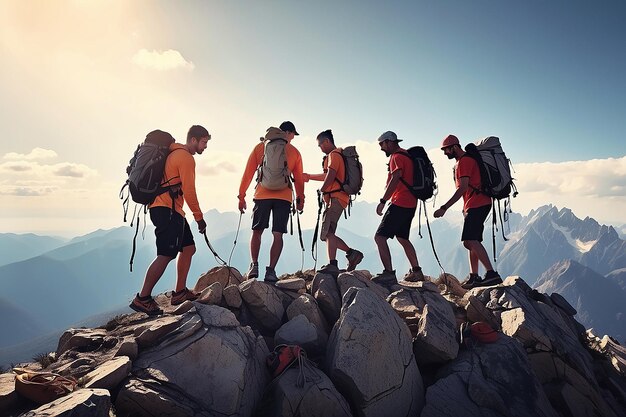 写真 山頂に登る人々のグループがチームワークを手伝っています