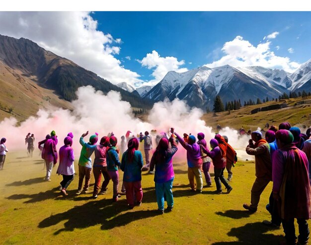 Фото Группа людей играет в холи фестиваль цвета