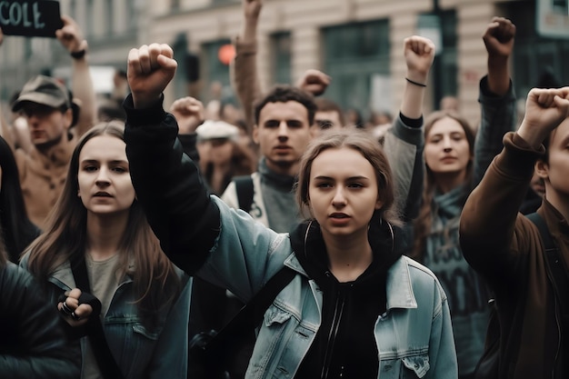 Фото Группа людей, протестующих и держащих абстрактные плакаты с лозунгами на митинге группа демонстрантов, протестующих в городе генеративный ай