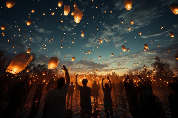Фото Группа людей, выпускающих небесные фонари генеративный ии