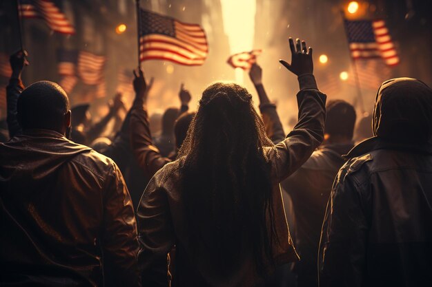 写真 バックライトでアメリカ国旗を振る人々のグループ