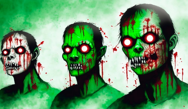 Фото Группа страшных зомби с кровью на лицах, стоящих в темной комнате.