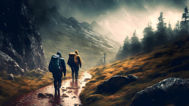 Фото Группа гуляющих путешественников в скандинавских горах в дождливый туманный день сгенерировала нейронную сеть