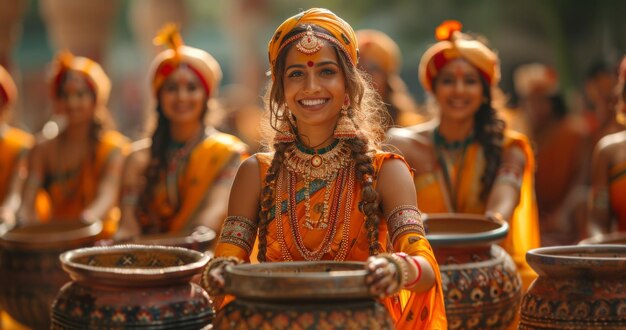 写真 オレンジと黄色の服を着た女性のグループ