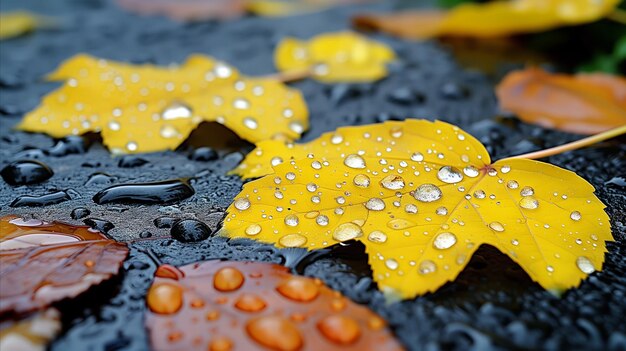 Фото Группа желтых листьев с каплями воды