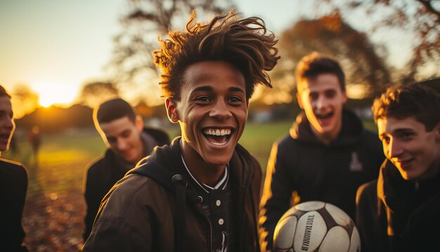 Фото Группа молодых людей, играющих в футбол на открытом воздухе, улыбающиеся и счастливые, созданные ии