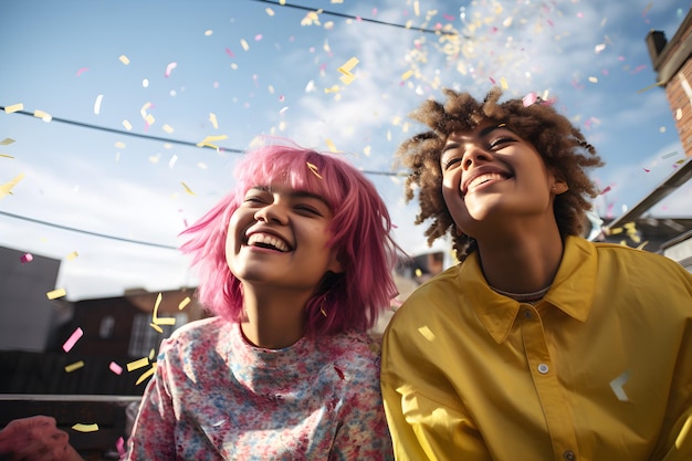 Photo group_of_young_friends_stand_in_front_of_light_effects_smiling