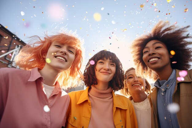 Photo group_of_young_friends_stand_in_front_of_light_effects_smiling