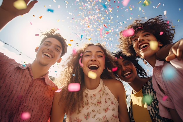 Photo group_of_young_friends_stand_in_front_of_light_effects_smiling