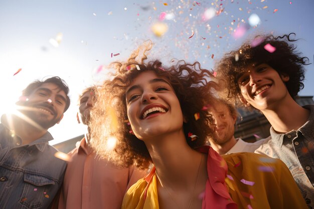 Foto gruppo di giovani amici che stanno di fronte alla luce e sorridono.