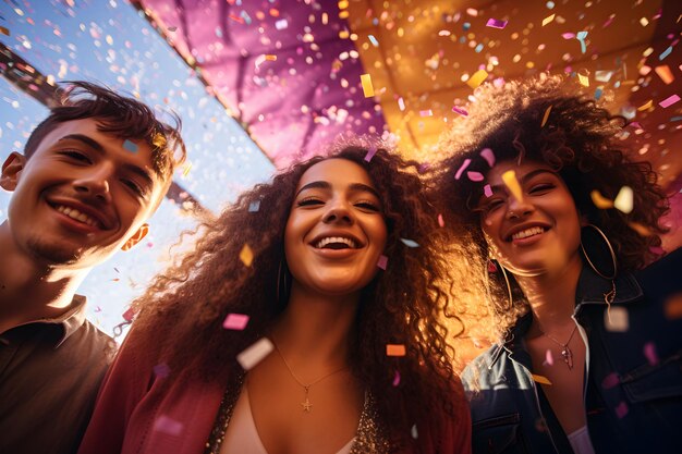 group_of_young_friends_stand_in_front_of_light_effects_smiling