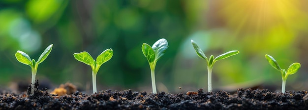 写真 土で芽生える若い植物のグループ