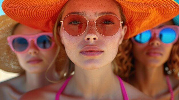사진 여름 모자와 선글라스를 입은 젊은 여성 그룹