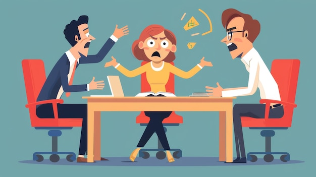 Photo a group of office colleagues arguing and yelling at a woman sitting at her desk a flat illustration of a colleague or coworker relationship problem