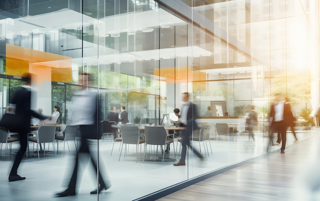 Group of office employees wlaking at coworking center Business with motion blur background