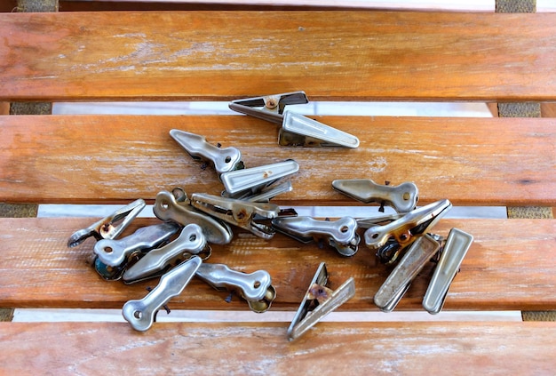 The group of the old aluminium clothespin with rust stain