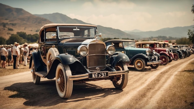 a group of old cars parked on a dirt road with people standing around