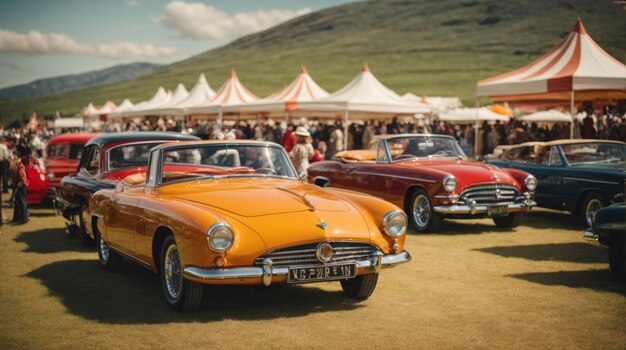 a group of old cars parked in a field with tents in the background