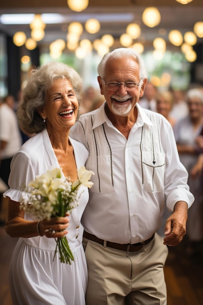 A group of old elderly people that are dancing together on party