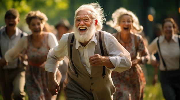 Group of old men and women Funny cute people running and playing on the green grass in the park