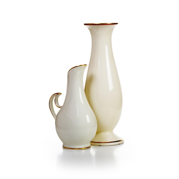 Photo group of old white porcelain vases on white background