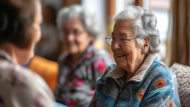 Группа пожилых людей беседует на диване в доме престарелых