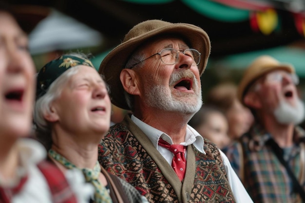 a group of older people wearing hats and vests