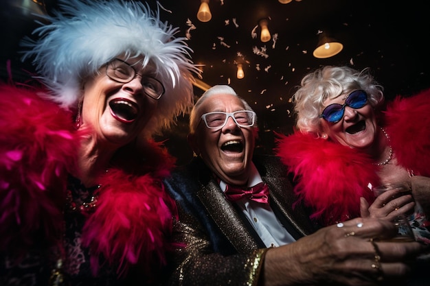 Foto un gruppo di persone anziane con costumi e cappelli colorati ride e ride.