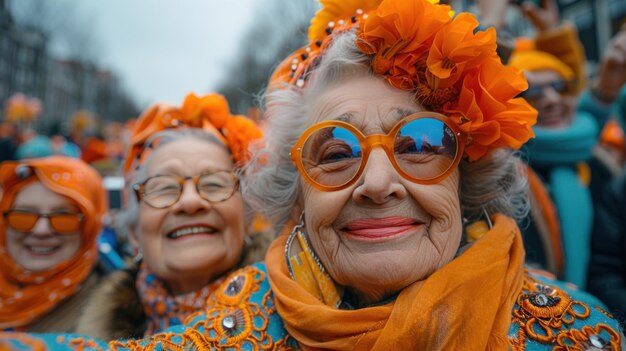 Photo group of older women in orange and blue attire