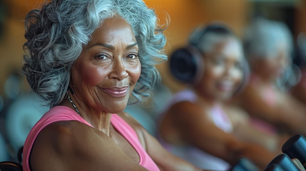 Group of Older Women Riding Stationary Exercise Bikes