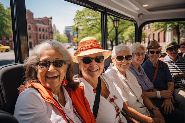 A group of older women sitting on a bus