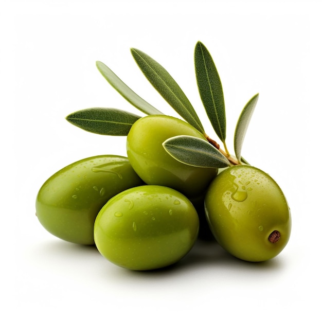 A group of olives with leaves on them