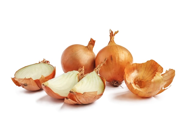 Group of onions isolated on white background