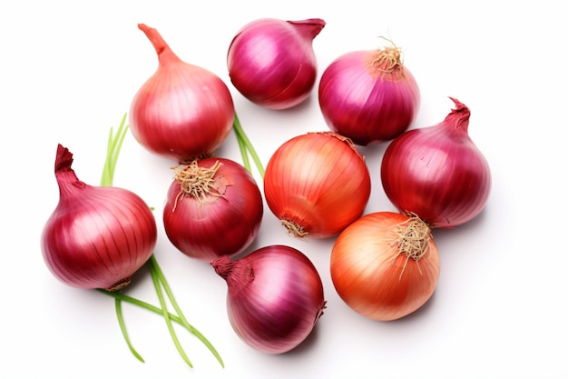 a group of onions on a white surface