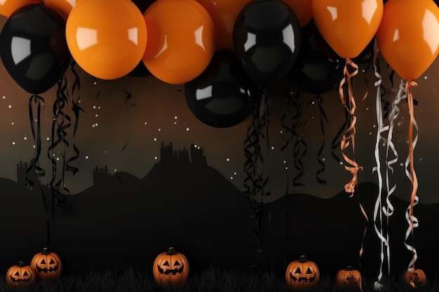 a group of orange balloons with a black background and a black and orange pumpkin with the words pumpkins on the top.