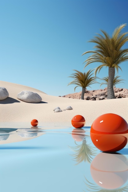 プールの上に置かれたオレンジ色のボールのグループ 生成 AI