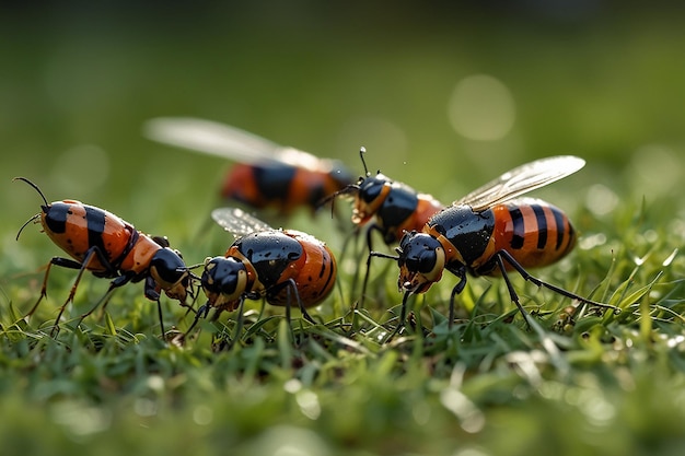 Photo a group of orange and black bugs are on the grass