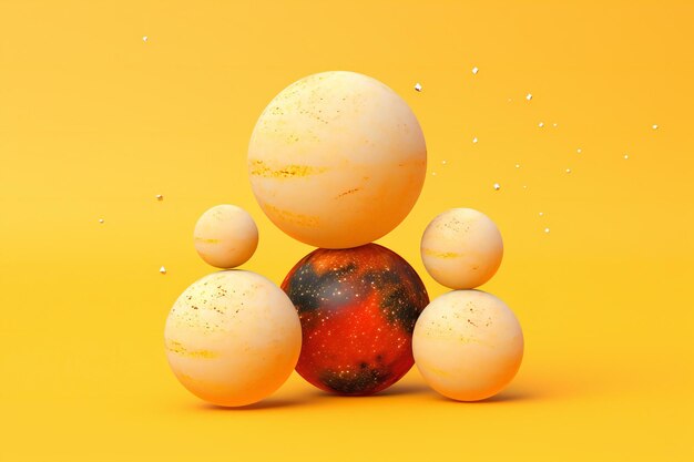 A group of orange and black spheres on a yellow background