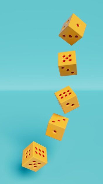 Group of orange dice fall to blue stage 3d illustration falling or randomness theme