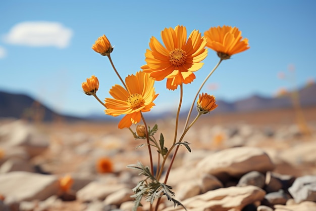 a group of orange flowers in a rocky area