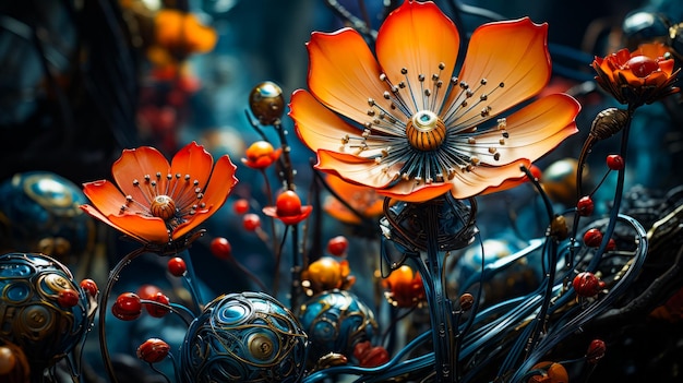 Group of orange flowers sitting on top of lush green field Generative AI