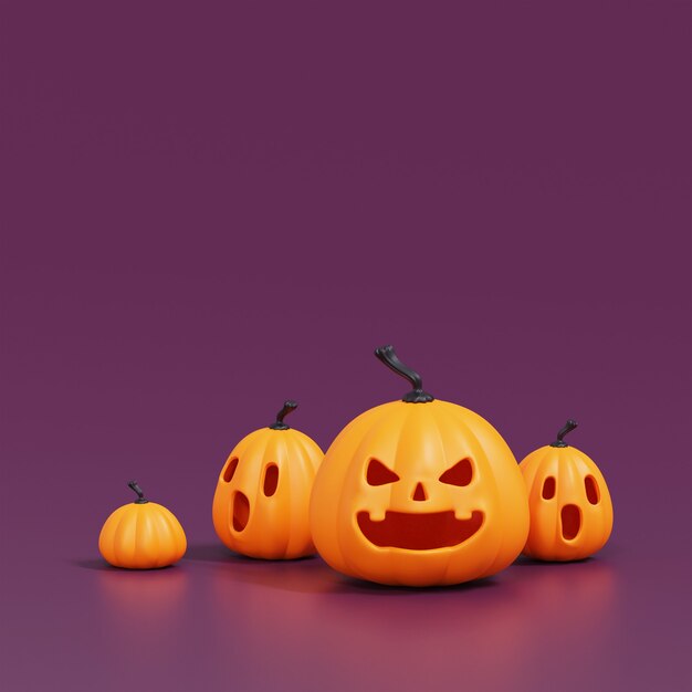 A group of orange halloween pumpkins jack o lantern decor on purple